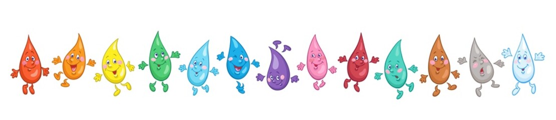 Set of funny bright drops. Different colors, poses and emotions. Banner in cartoon style. Isolated on white background.  Vector illustration.