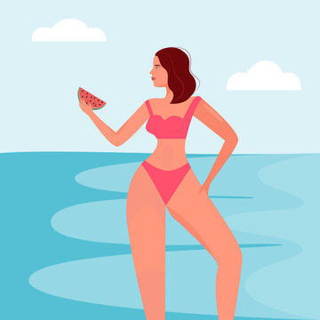 Cute sexy girl eats a ripe slice of watermelon on the background of the sea. Vector flat illustration. Summer and bikini concept.