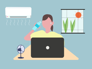 夏 室内で水を飲む女性 エアコン 熱中症対策 仕事中 水分補給 パソコンとオフィス ベクターイラスト