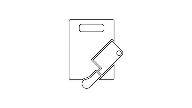 Black line Cutting board and meat chopper icon isolated on white background. Butcher knife. Chopping board symbol. 4K Video motion graphic animation