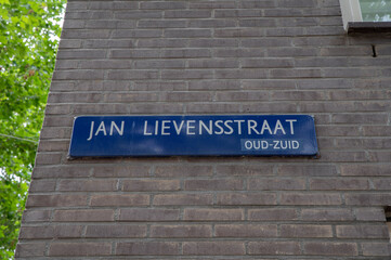 Street Sign Jan Lievensstraat At Amsterdam The Netherlands 14-7-2022