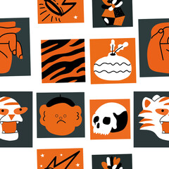 Seamless pattern from different simple pictures.  Vector illustration. Restrained color range. Suitable for any design. Transparent background