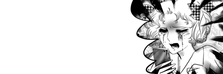 Foto auf Acrylglas 70年代少女漫画さよならの携帯メールを読み絶句し白目になる縦ロールお嬢様の白黒イラストワイドサイズ © NORIMA