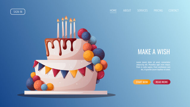 Birthday cake with candles. Birthday party, celebration, holiday, event, festive, bakery, tasty food concept. Vector illustration. Website, banner template.