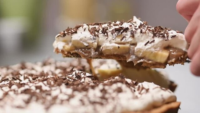 Banoffee Pie with bananas, whipped cream, caramel and chocolate.