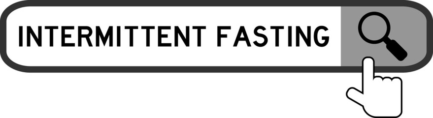 Search banner in word intermittent fasting with hand over magnifier icon on white background