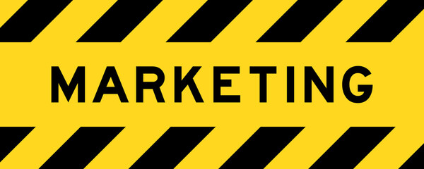Yellow and black color with line striped label banner with word marketing