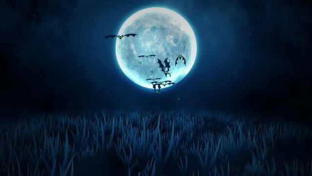 Flying bats animation halloween background,  Night with big moon and grasses blew by the wind, Motion design elements decoration halloween background 4k