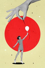 Photo cartoon comics sketch picture of funny funky lady holding balloon palm bursting isolated...