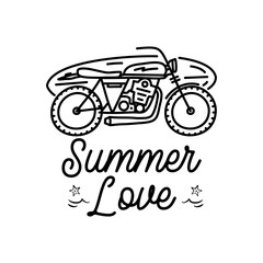 Simple linear style vector illustration of motorcycle and surfboard with Summer Love calligraphic inscription against white background