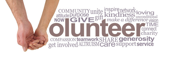 Team up and Volunteer Word Cloud - female hand cradling male hand making the V of VOLUNTEER beside a relevant word cloud against a white background
