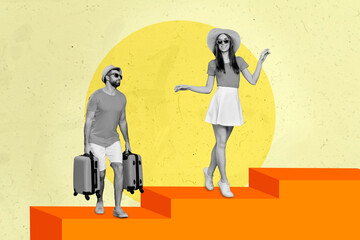Composite collage illustration of two people black white gamma guy carry all baggage girl enjoy carefree walk isolated on painted background