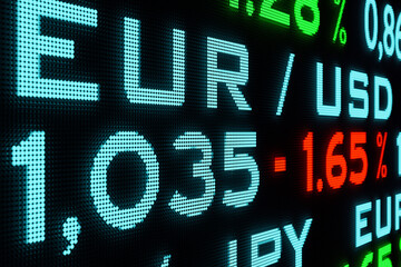 EUR - USD exchange rate. Euro falls against US Dollar. Currency exchange LED screen with price information and percentage changes. Currency trading and Euro concept. 3D illustration