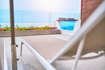 Luxury terrace balcony for relaxed vacation at sea, selective focus. Travel concept