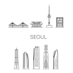 Corea, Seoul line travel skyline set. Vector symbols