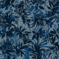 Tropical grunge monstera and palm leaves wallpaper abstract vector seamless pattern