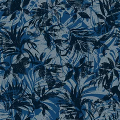 Fotobehang Tropical grunge monstera and palm leaves wallpaper abstract vector seamless pattern © PrintingSociety