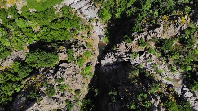 Aerial view of canyon. The gorges of the Ardeche in France seen from the sky. Canyon of the river "Ardeche"in the south of France