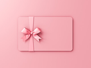 All pink concept blank pink pastel color gift card or gift voucher with pink ribbon bow isolated on pink pastel color background with shadow minimal concepts 3D rendering