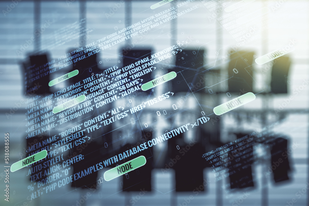 Poster multi exposure of abstract software development hologram on a modern meeting room background, resear