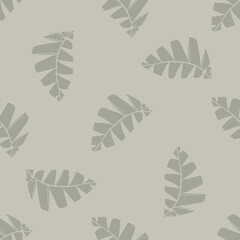 Mono print style scattered leaves seamless vector pattern background. Textured cut out grunge foliage neutral ecru beige backdrop. Hand crafted painterly design. Organic nature all over print