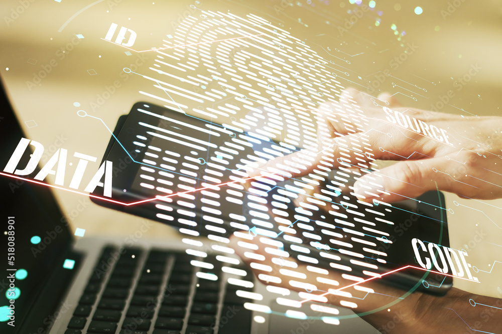 Poster double exposure of abstract creative fingerprint hologram with finger clicks on a digital tablet on 