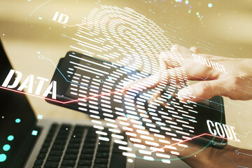 Double exposure of abstract creative fingerprint hologram with finger clicks on a digital tablet on background, protection of personal information concept