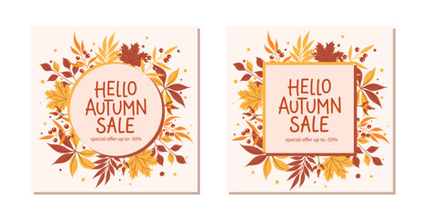 Hello autumn sale with beautiful bright leaves. Design promotional poster, template offer of autumn discounts deals. Vector illustration