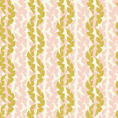 Mono print style leaves abstract striped seamless vector pattern background. Textured cut out grunge foliage in vertical columns. Pink gold painterly organic geometric backdrop. Botanical repeat