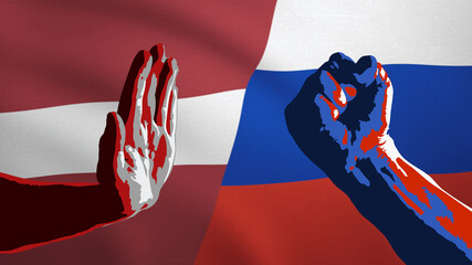 Stop gesture and fist sign - Latvia flag and Russia flags - obrazy, fototapety, plakaty