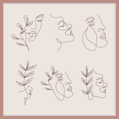 Abstract women face line art design with leaf