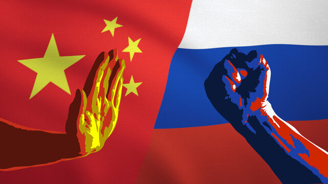 Stop gesture and fist sign - China flag and Russia flags