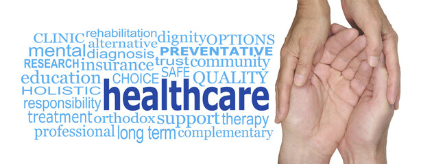 Care in the Community Healthcare concept Word cloud - female hands gently holding male cupped hands beside a HEALTHCARE word cloud against a white background
