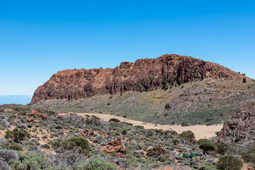 Panoramic view on Riscos de la Fortaleza near Pico del Teide, Mount El Teide National Park, Tenerife, Canary Islands, Spain, Europe. Hiking trail from El Portillo via La Canada de los Guancheros plain