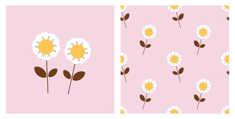 Seamless pattern with daisy flower on pink background vector. 