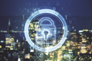 Virtual creative lock symbol and microcircuit illustration on blurry skyline background. Protection and firewall concept. Multiexposure