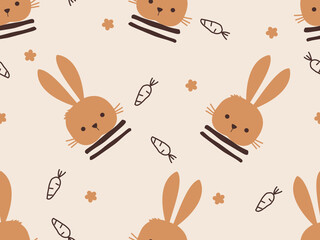 Seamless pattern with rabbits and daisy flower on pink background vector.
