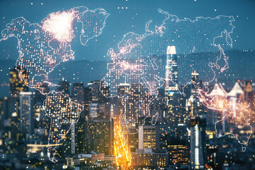 Multi exposure of abstract creative digital world map hologram on San Francisco skyscrapers background, research and analytics concept