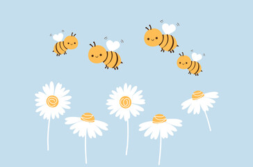 Fototapeta na wymiar Daisy flower garden and bee cartoons on blue background vector.