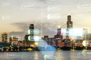 Abstract virtual coding illustration and world map on Chicago cityscape background, international software development concept. Multiexposure