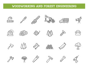 Logging, sawmill line icons. Instruments for working with wood. Forest Engineering