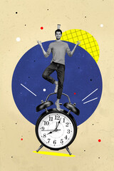 Creative retro 3d magazine image of resting relaxing guy standing clock planning morning isolated...
