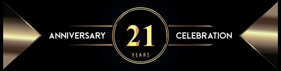 21 years anniversary celebration logo with gold number and metal triangle shapes on black background. Premium design for weddings, greetings card, happy birthday, poster, banner.