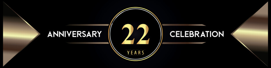 22 years anniversary celebration logo with gold number and metal triangle shapes on black background. Premium design for weddings, greetings card, happy birthday, poster, banner.