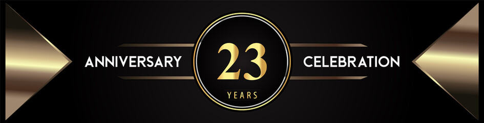 23 years anniversary celebration logo with gold number and metal triangle shapes on black background. Premium design for weddings, greetings card, happy birthday, poster, banner.