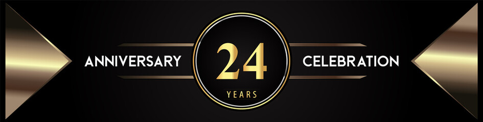 24 years anniversary celebration logo with gold number and metal triangle shapes on black background. Premium design for weddings, greetings card, happy birthday, poster, banner.