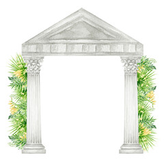 Fototapeta premium Watercolor antique corinthian column with tropical leaves flowers, Ancient Classic Greek Corinthian order, Roman Columns frame, Pillar Architecture drawing illustration isolated on white background
