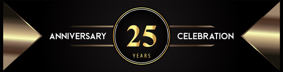 25 years anniversary celebration logo with gold number and metal triangle shapes on black background. Premium design for weddings, greetings card, happy birthday, poster, banner.