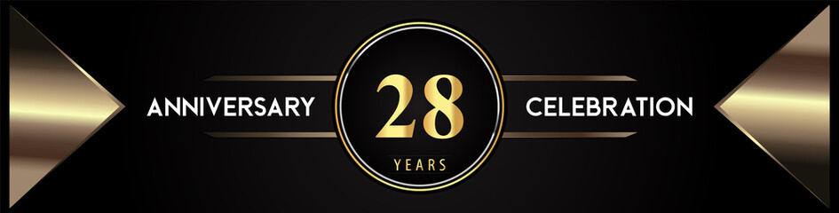 28 years anniversary celebration logo with gold number and metal triangle shapes on black background. Premium design for weddings, greetings card, happy birthday, poster, banner.
