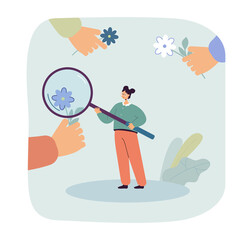 Girl looking at flowers through magnifier flat vector illustration. Biologist examining plants, exploring nature. Occupation, research concept for banner, website design or landing web page